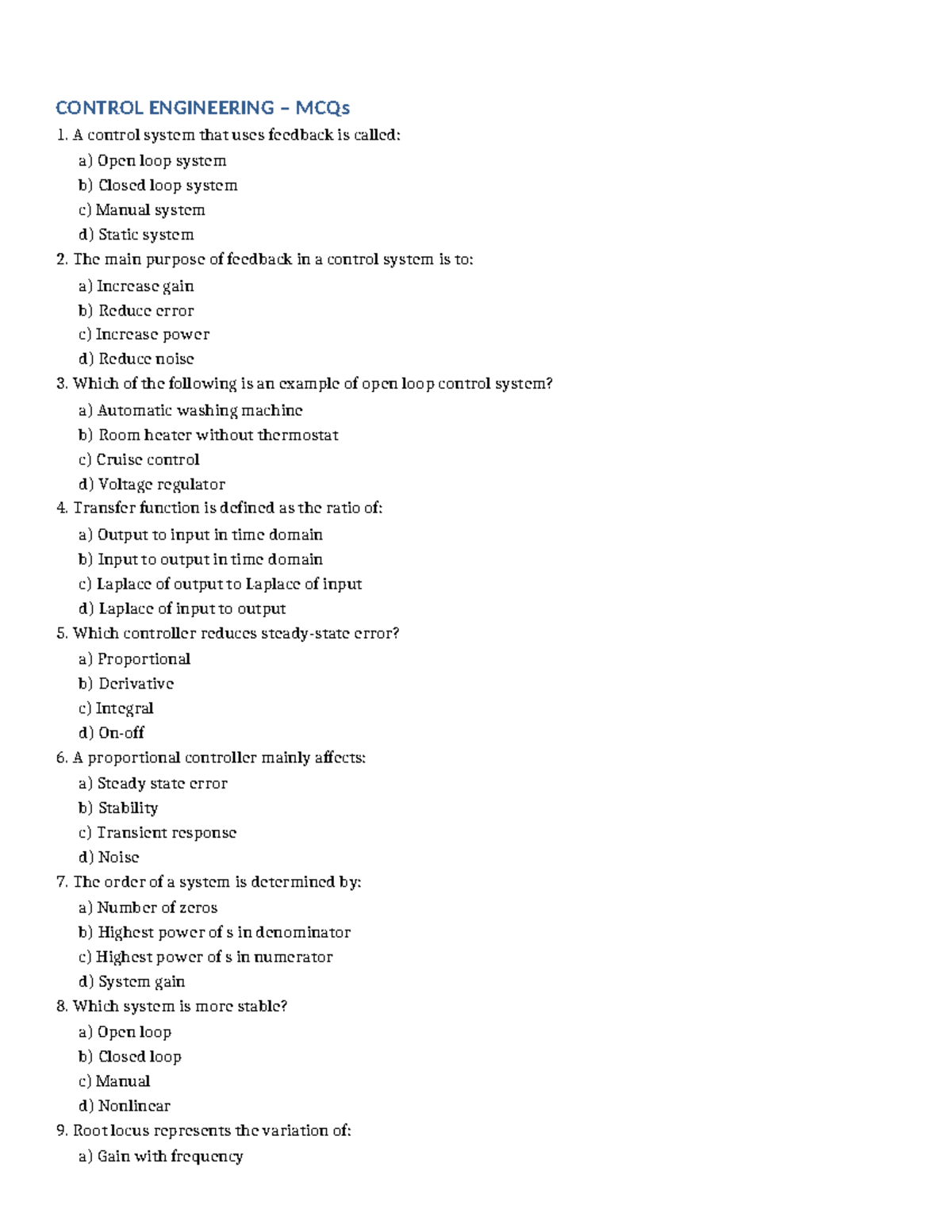 Control Engineering A4: 25 MCQs with Answers - Studocu