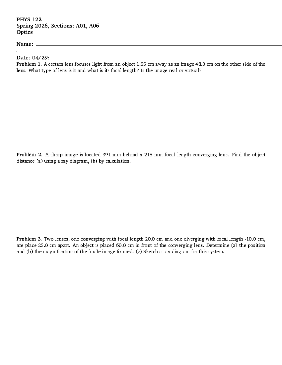 PHYS 122 Spring 2026: Optics Worksheet 25 Problems & Solutions - Studocu