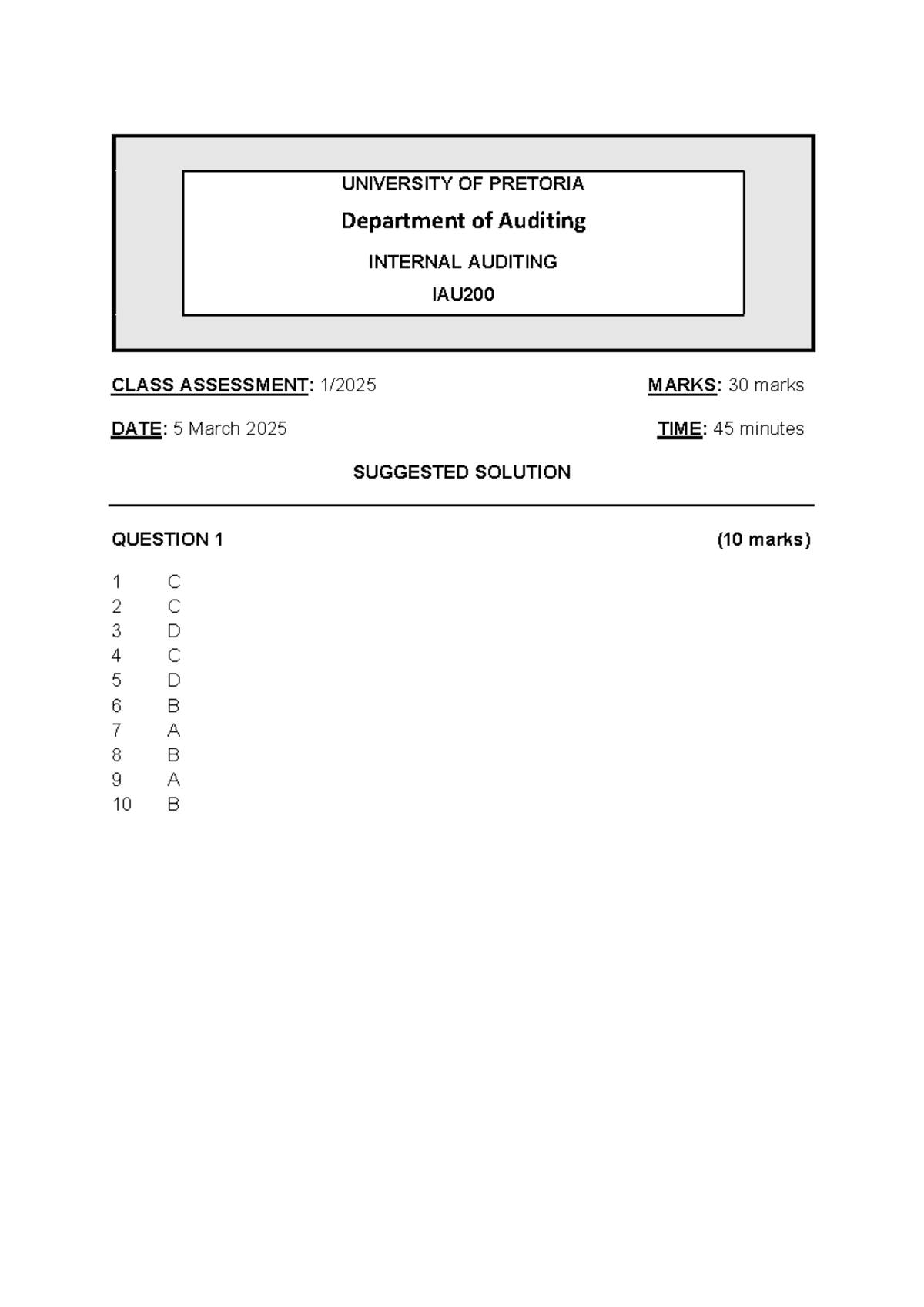 Class test 1 Solution 2025 - UNIVERSITY OF PRETORIA Department of ...