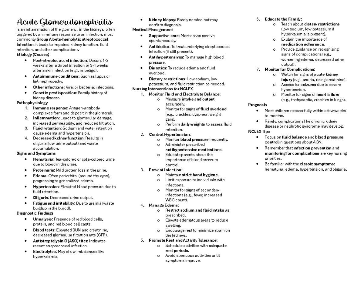 W10 AGN - Acute glomerulonephritis in pediatric patients - Studocu