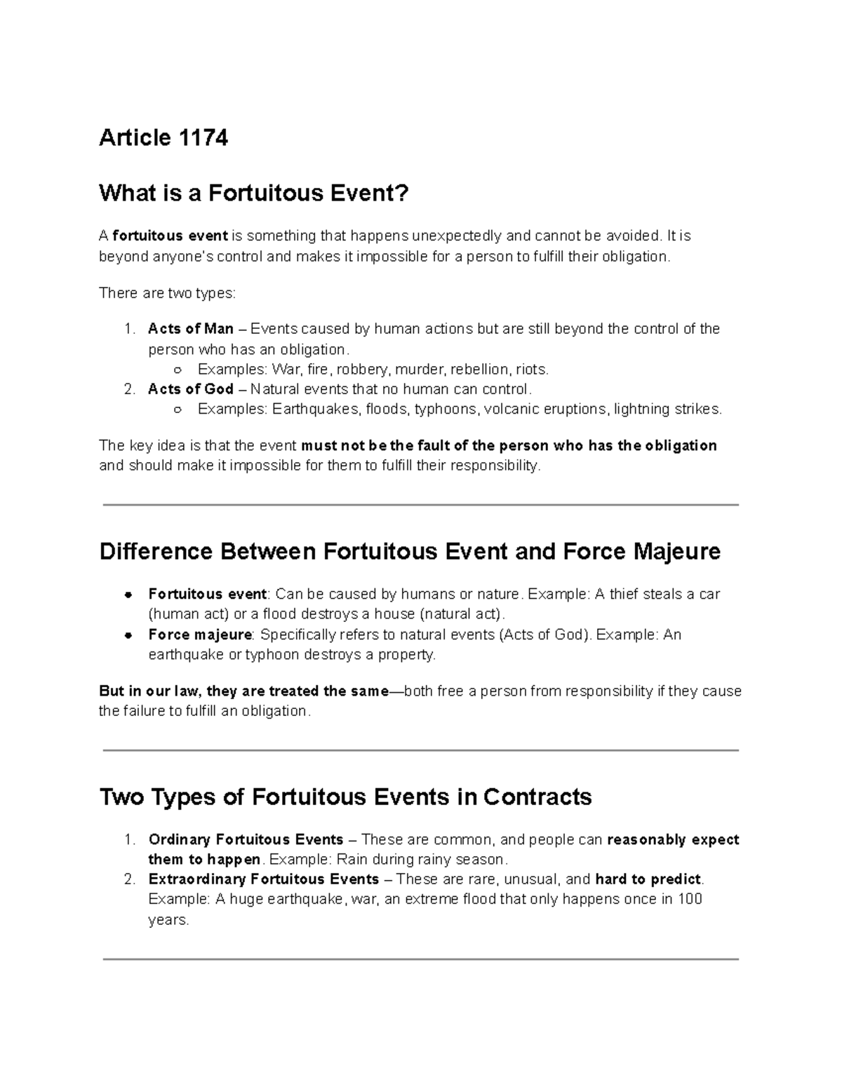 Article 1174-1180: Understanding Fortuitous Events and Obligations ...