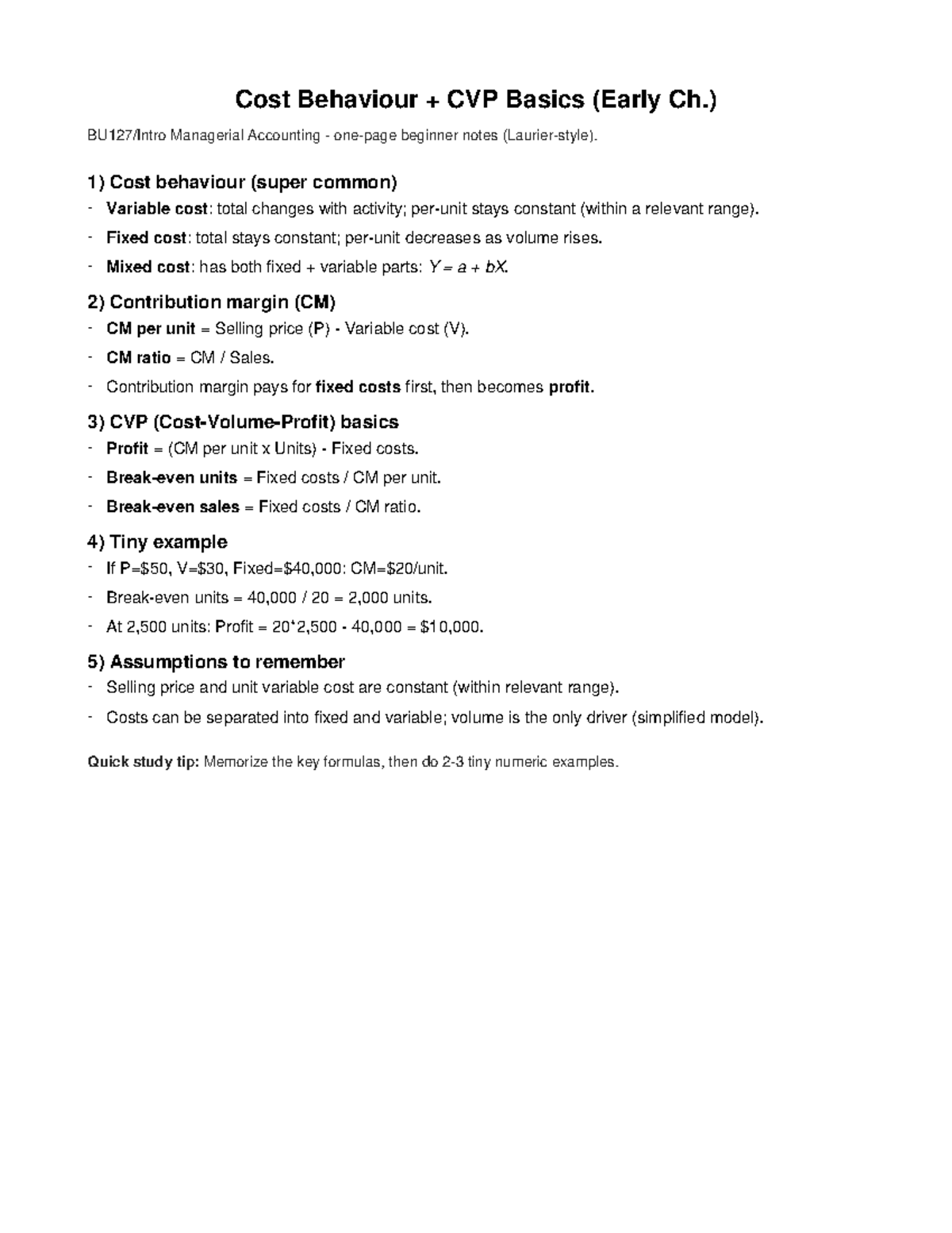 MA Notes 02: Cost Behaviour & CVP Basics for Beginners - Studocu