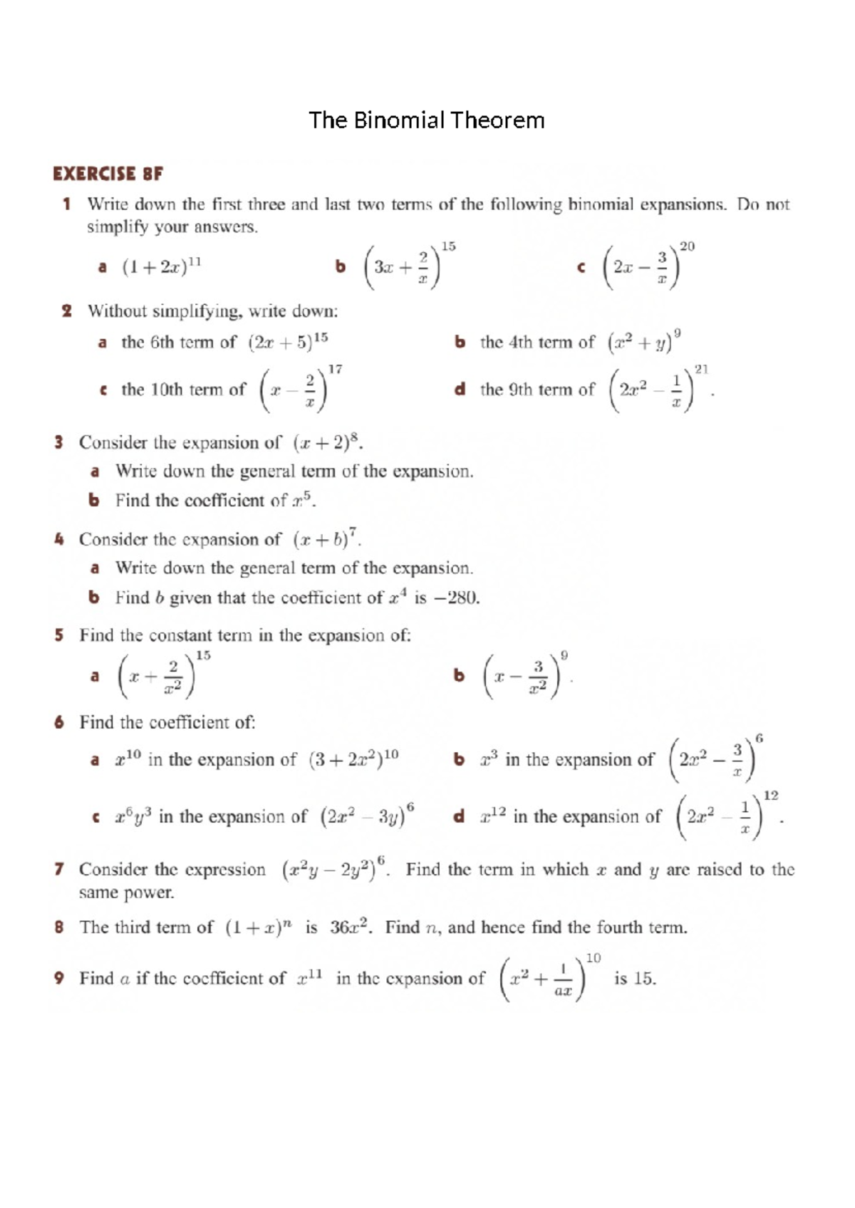 Binomial Theorem Exercises - Understanding Expansions and Terms - Studocu