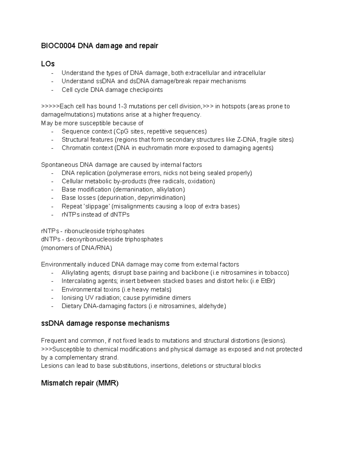 DNA Damage and Repair - Lecture Notes (Course Code: LOs) - Studocu