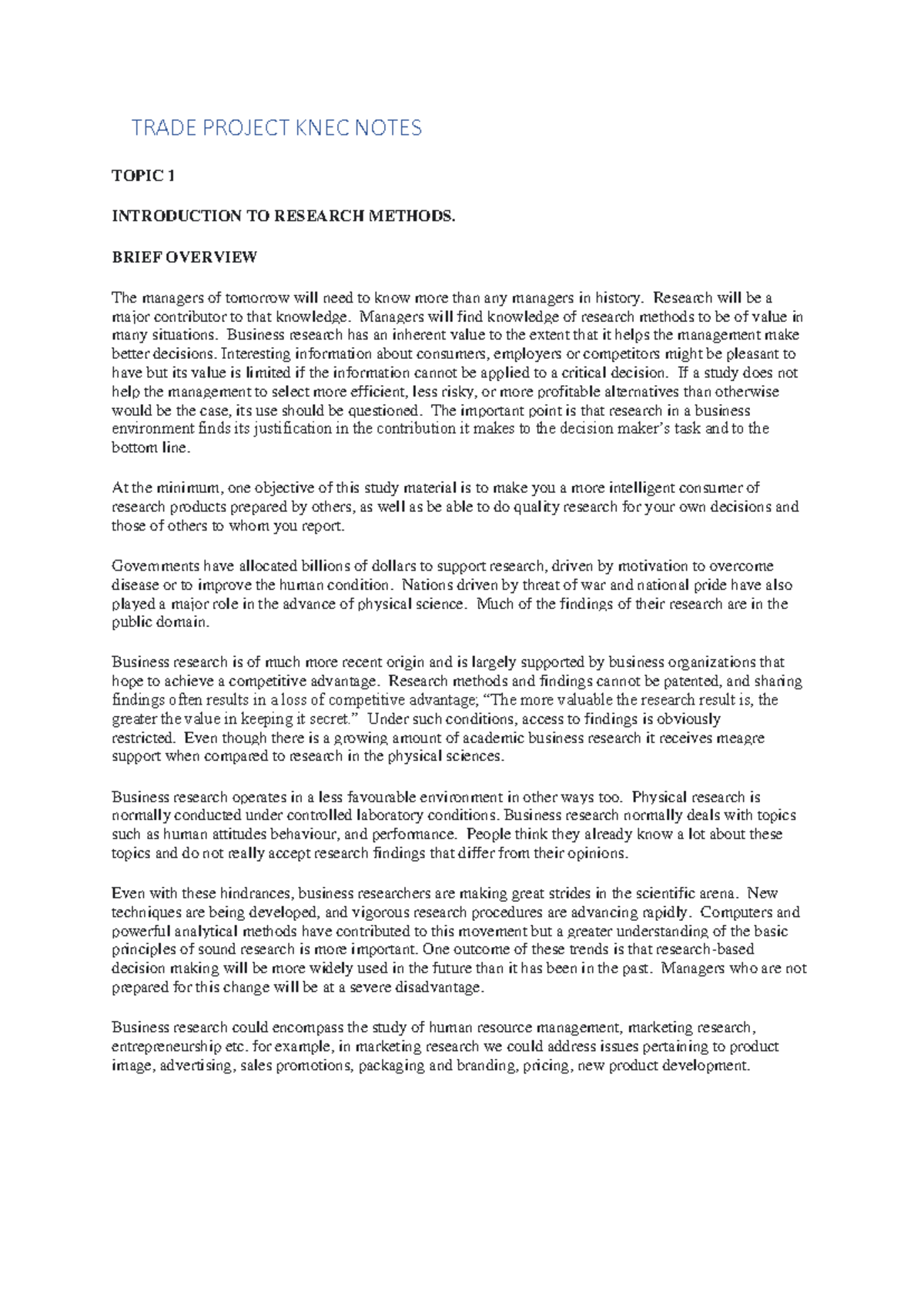 Trade Project KNEC Notes: Understanding Research Methods and Their ...