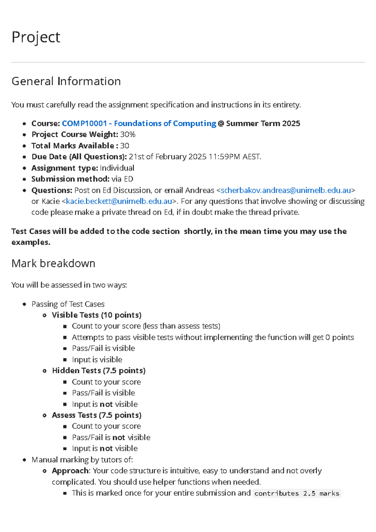 **COMP10001 - Foundations of Computing Project Specifications (Summer ...