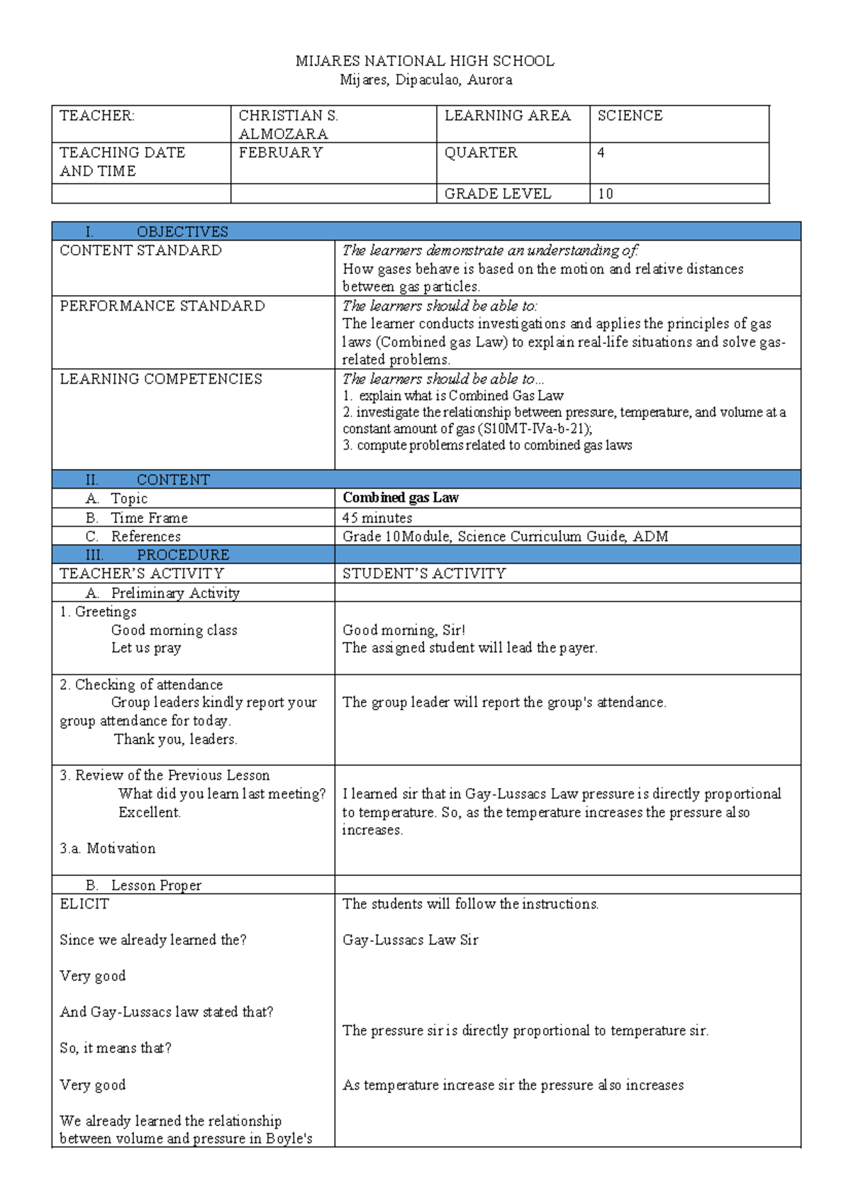 Combined Gas Law Lesson Plan for Grade 10 Science (Quarter 4) - Studocu