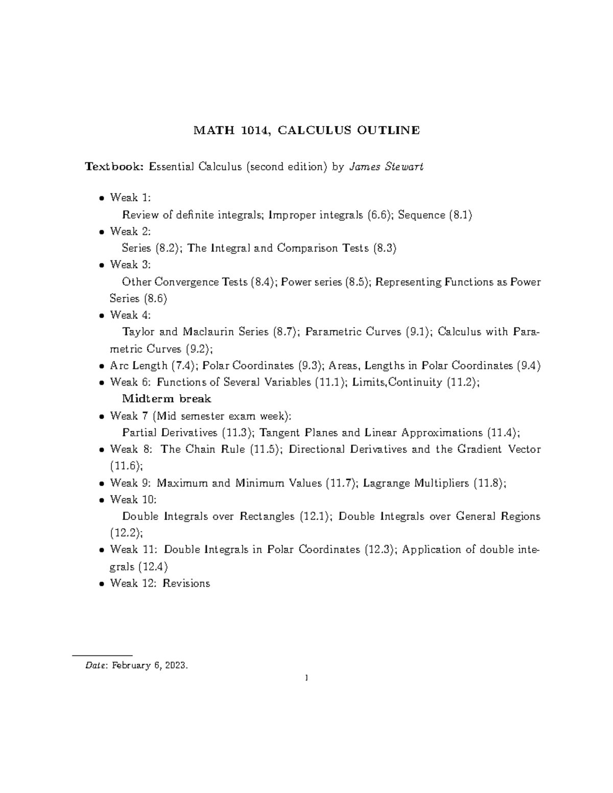 1014-outline - Outlines - MATH 1014, CALCULUS OUTLINE Textbook ...