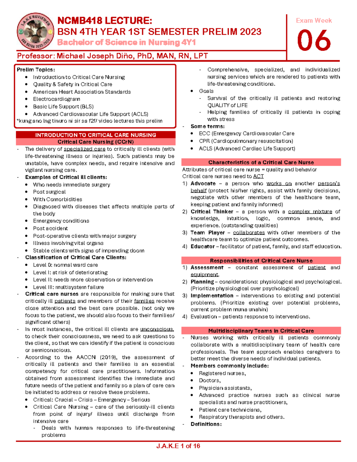 NCMB418 LECTURE: BSN 4TH YEAR 1ST SEMESTER PRELIM 2023 Notes on ...