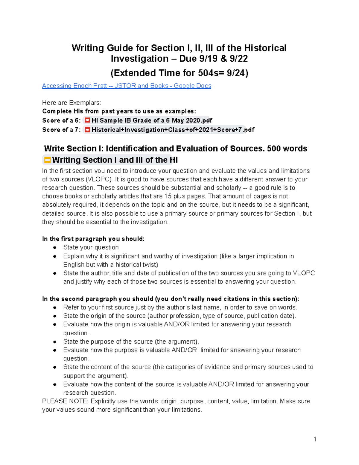 Quarter I HI Writing Guide: Sections I & II Instructions and Examples ...