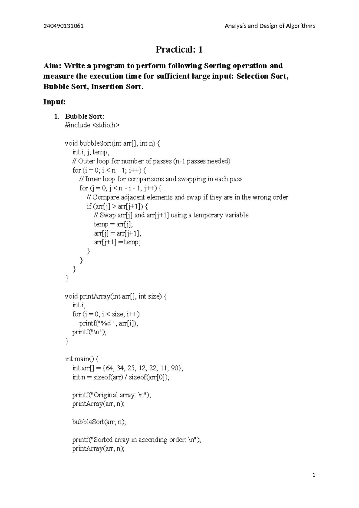 240490131061 ADA Practical: Sorting Algorithms Implementation - Studocu