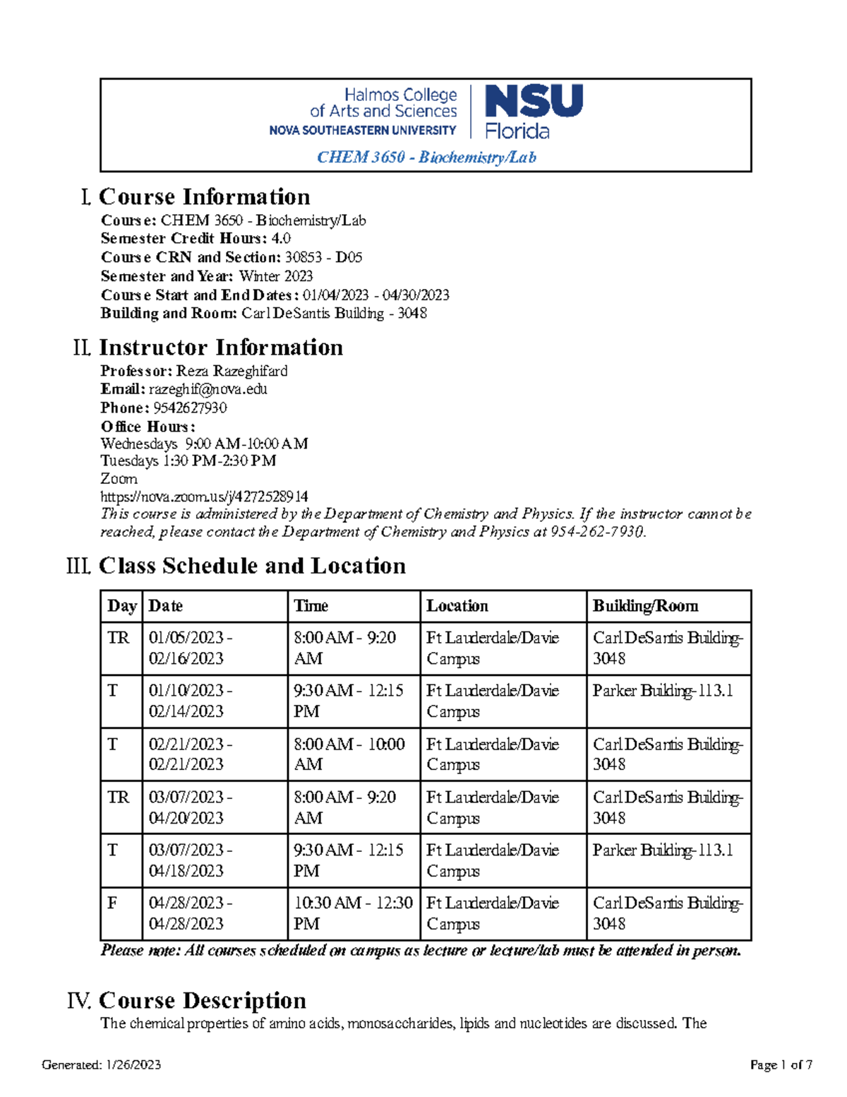 CHEM 3650 - Biochemistry/Lab Syllabus & Course Information Winter 2023 ...