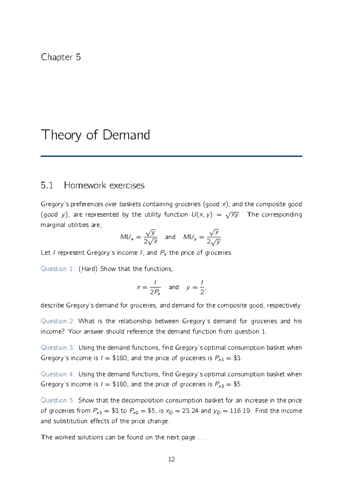 Study Guide - Theory of Demand - Exercises - Chapter 5 Theory of Demand ...