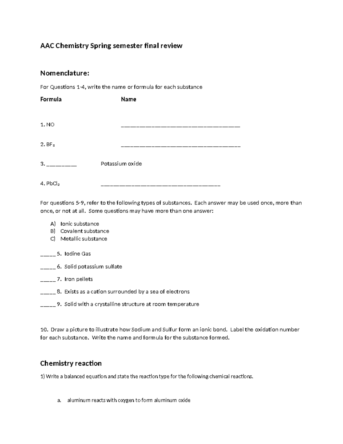 2025 CHEM 101 Final Exam Review: Nomenclature & Reactions - Studocu