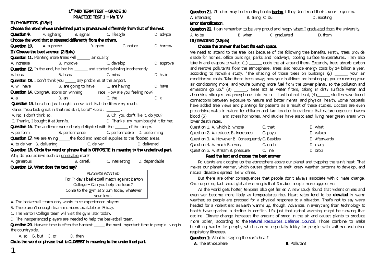 Practice Midterm Test 1 - Grade 10 - Course K10 - Studocu
