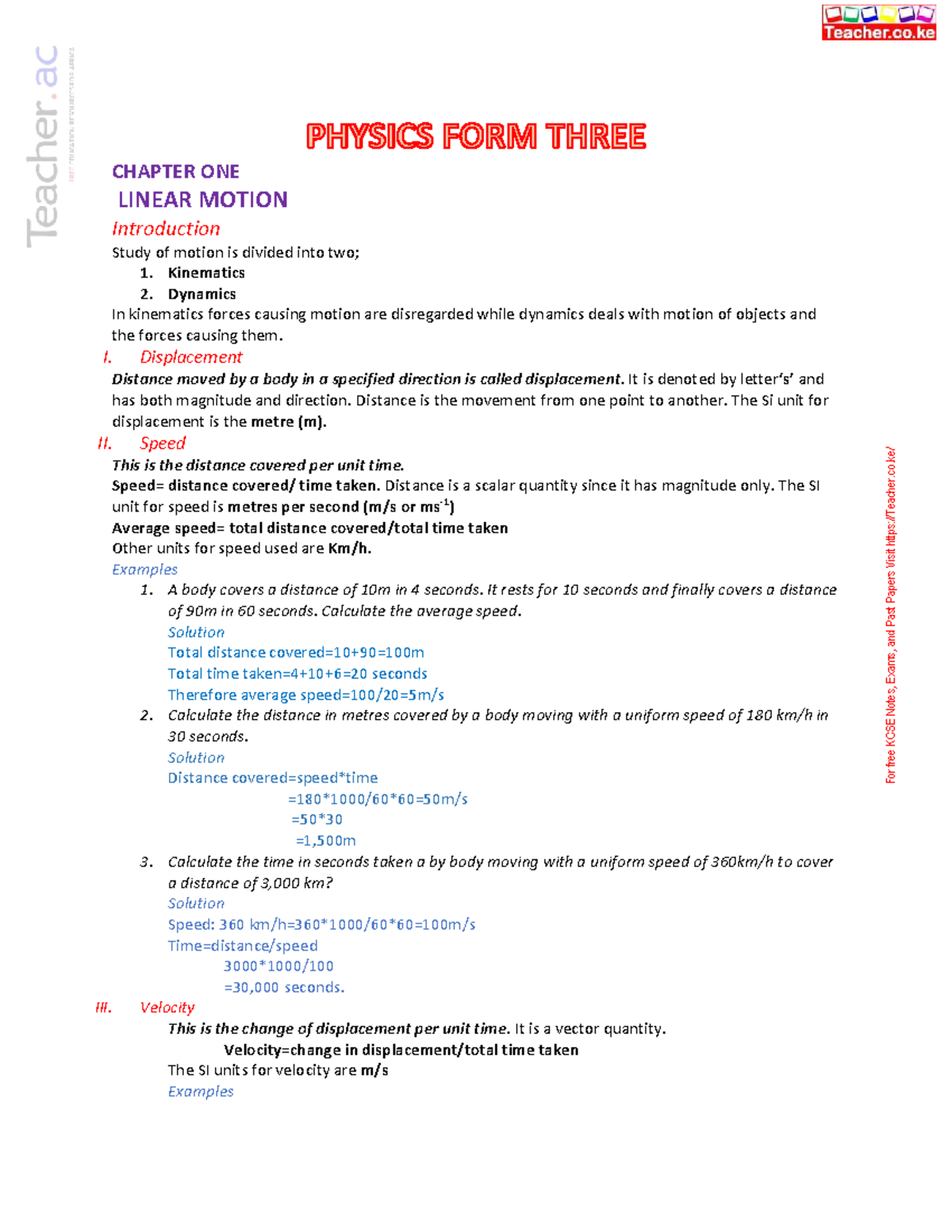 PHYSICS FORM 3 NOTES: CHAPTER ONE - LINEAR MOTION - Studocu