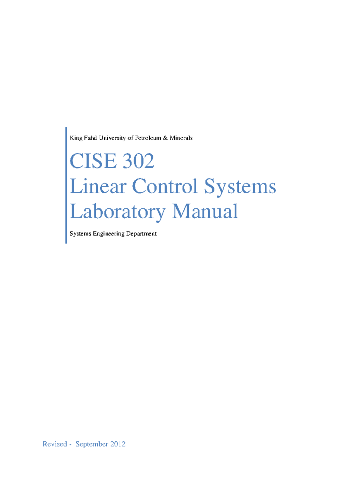 CISE 302 Linear Control Systems Laboratory Manual Overview and ...