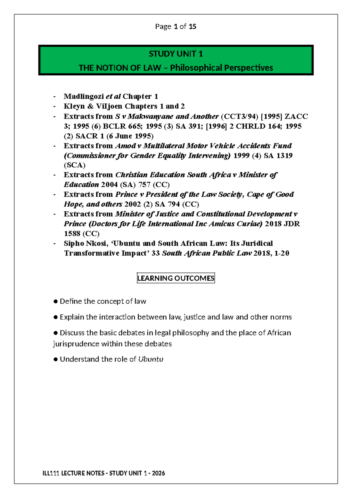 ILL111 Lecture Notes - Study Unit 1: The Notion of Law (2026) - Studocu