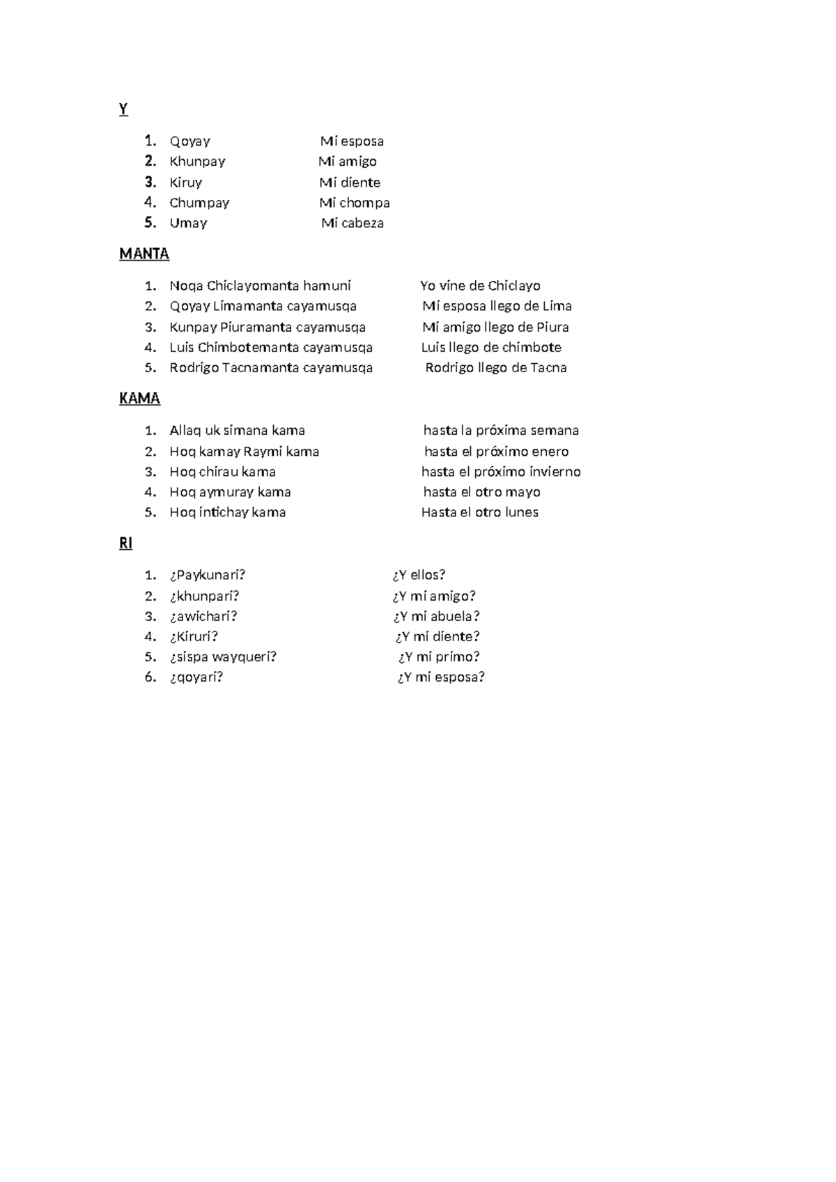Quechua Language Phrases and Vocabulary Guide - Lesson Notes - Studocu