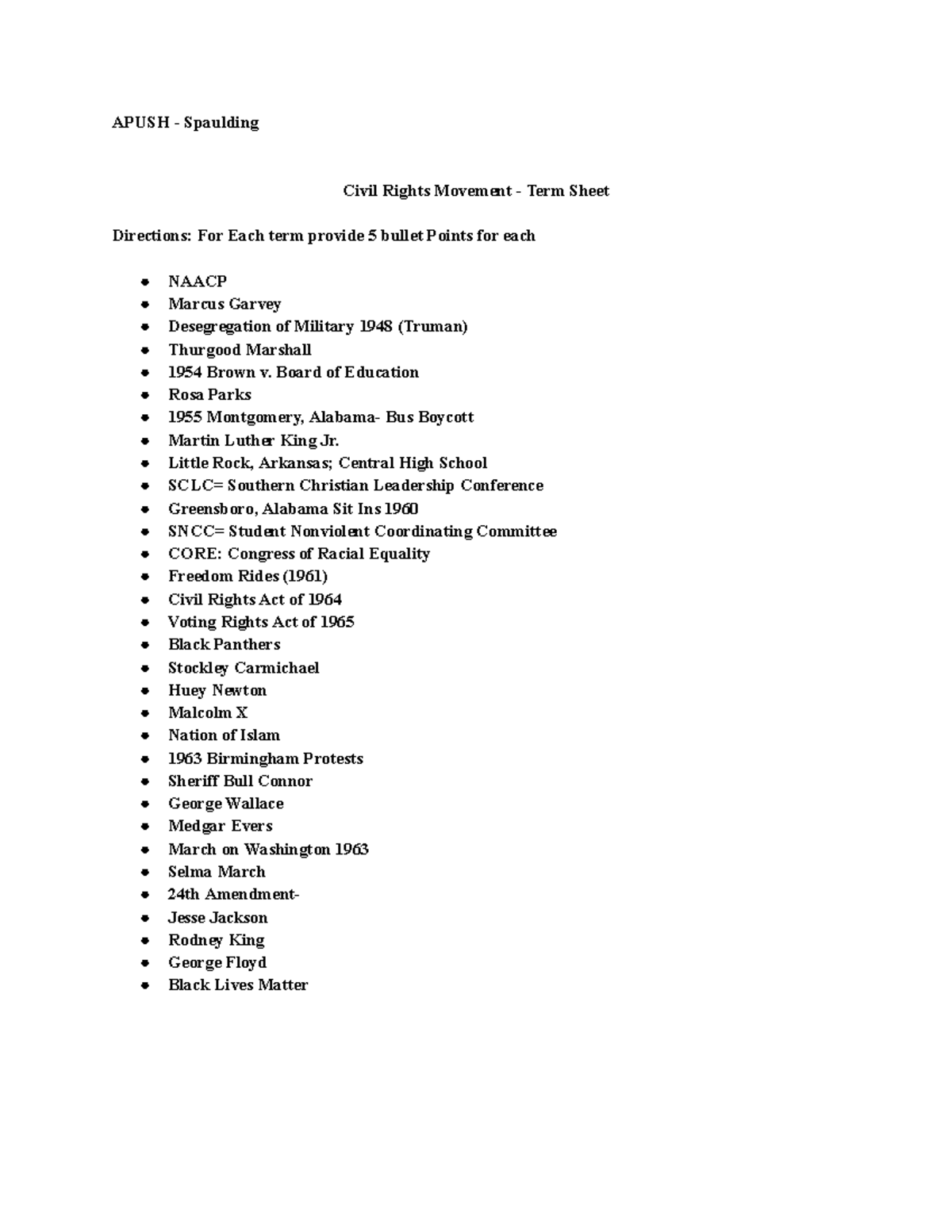 APUSH - Civil Rights Movement Term Sheet: Key Figures & Events - Studocu
