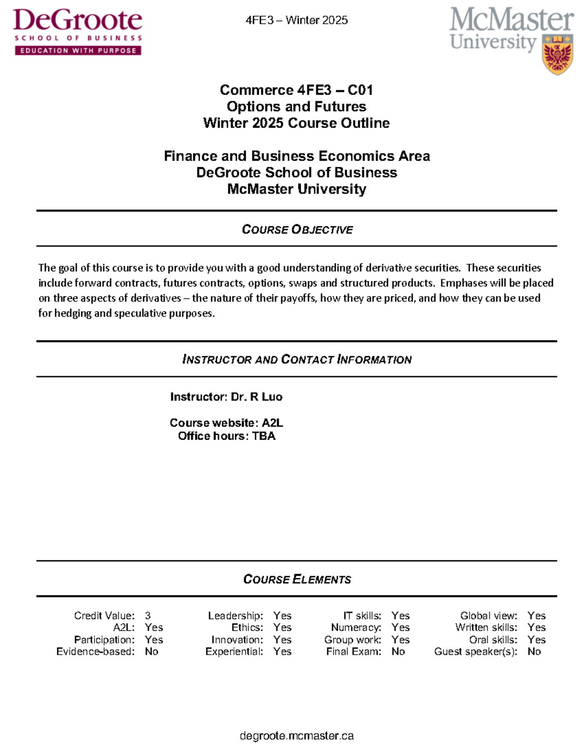 Winter 2025 Course Outline for Commerce 4FE3 - Options and Futures ...