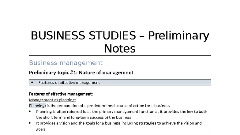 BUSINESS 101 - Preliminary Notes on Management Concepts and Techniques ...