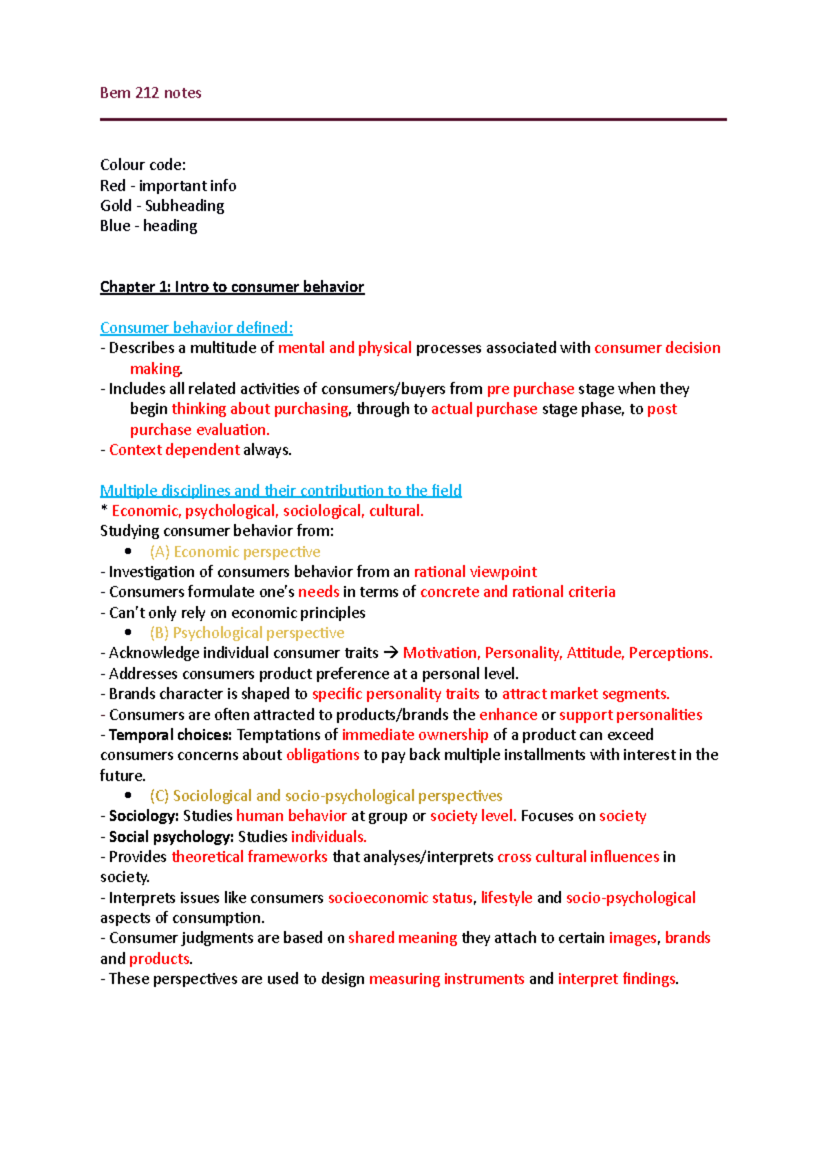 Bem 212 chapter 1-4 study notes - Bem 212 notes Colour code: Red ...