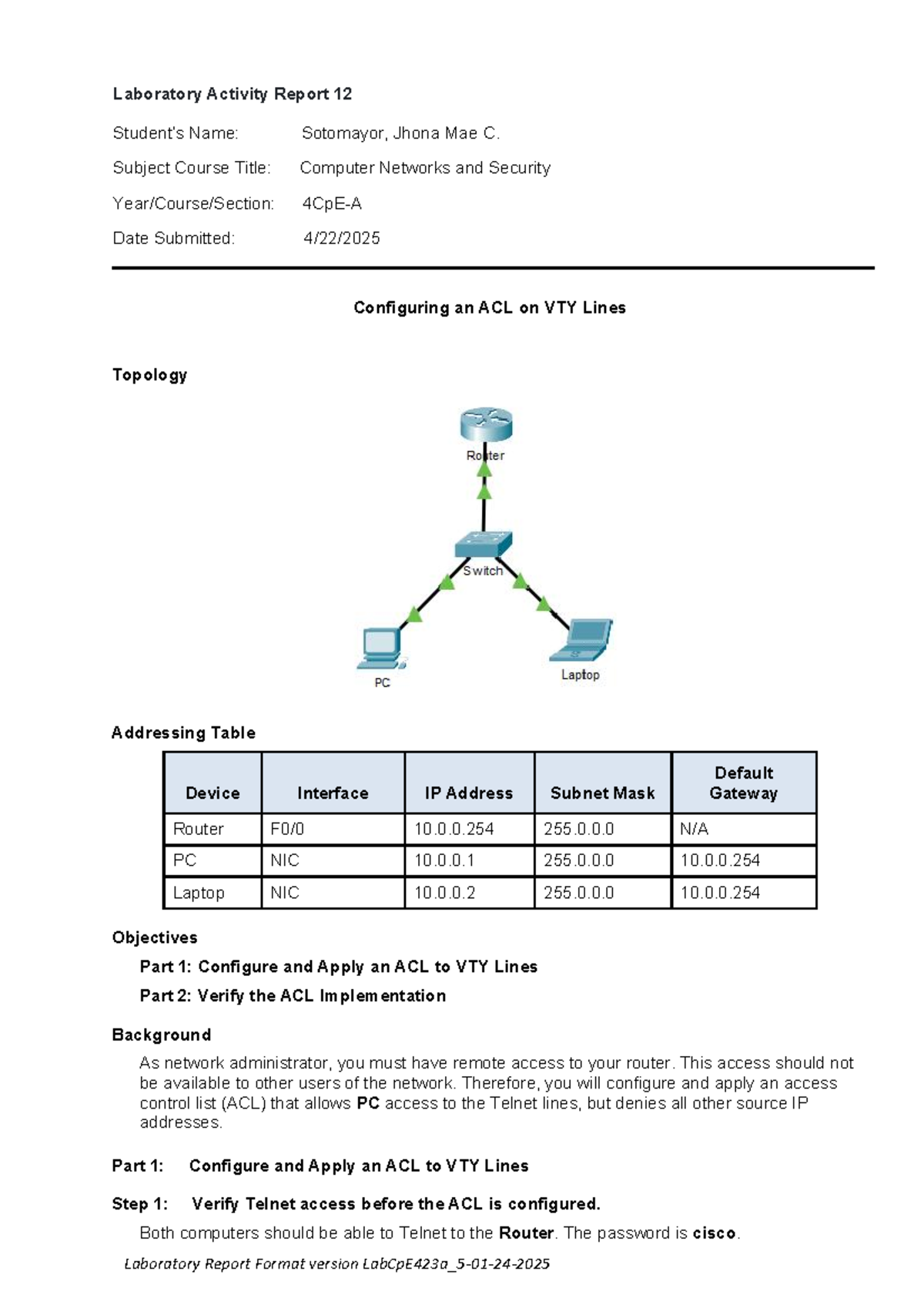 Lab 12: Configuring ACL on VTY Lines in Computer Networks & Security ...
