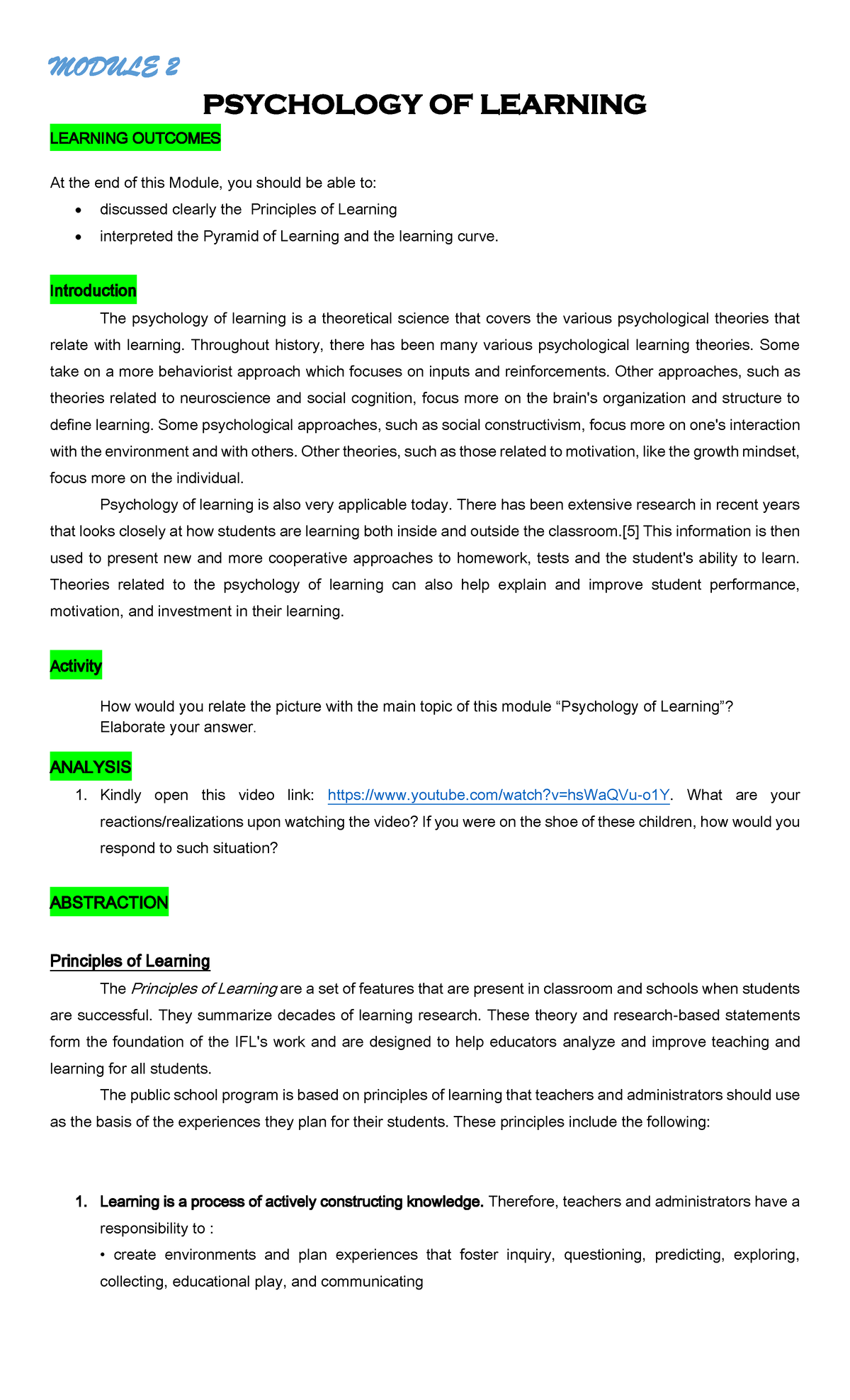 PSY 101: Module 2 - Psychology of Learning & Key Principles - Studocu