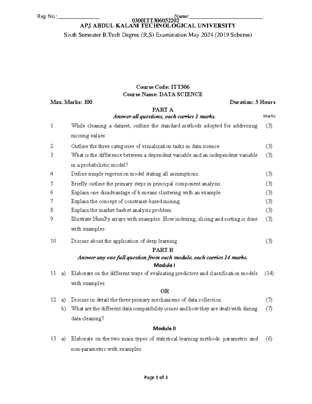 ITT306 - Data Science May 2024 B.Tech Exam Question Paper - Studocu