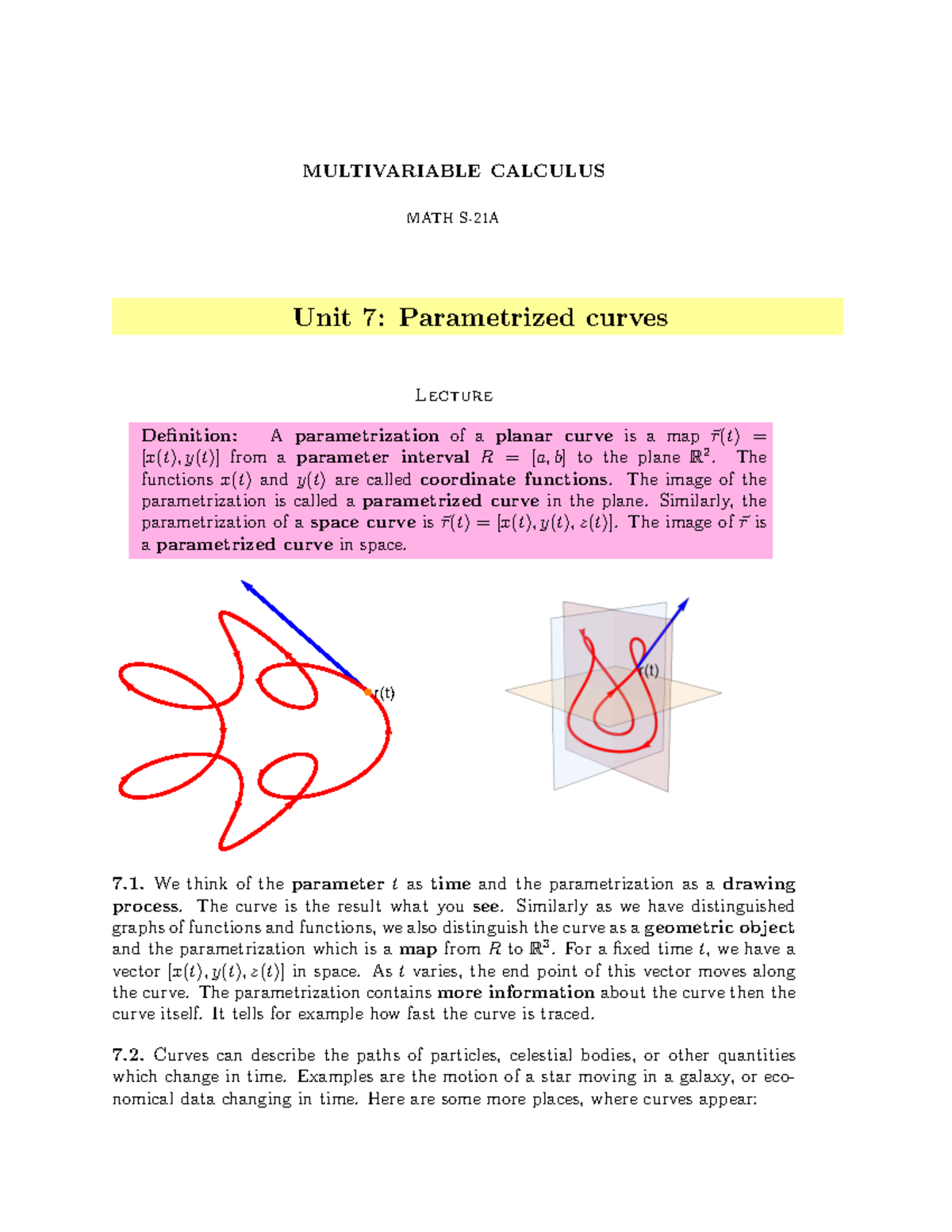 MULTIVARIABLE CALCULUS MATH Unit 7: Parametrized Curves Lecture Notes ...