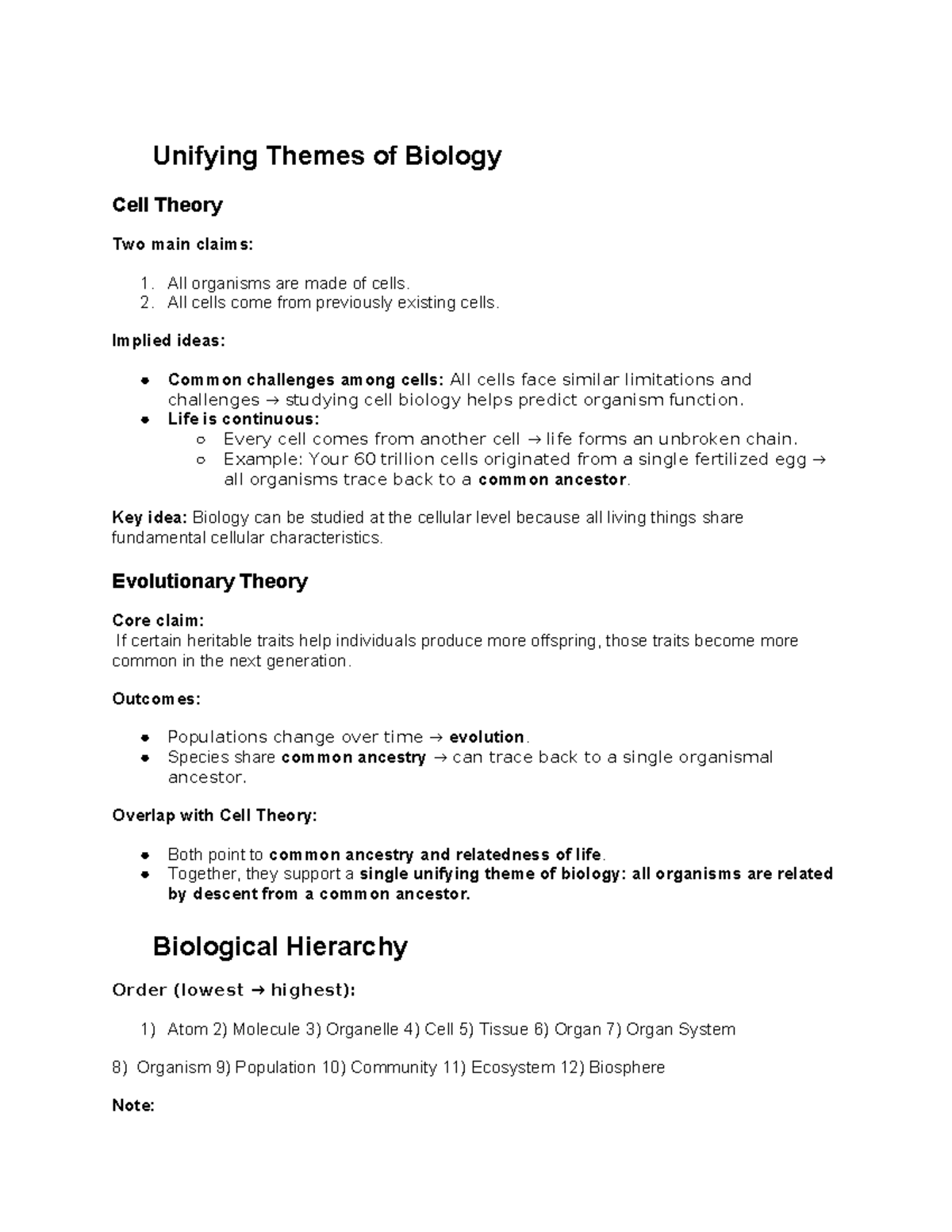 Unifying Themes of Biology: Cell Theory & Hierarchy (Course 1 20) - Studocu