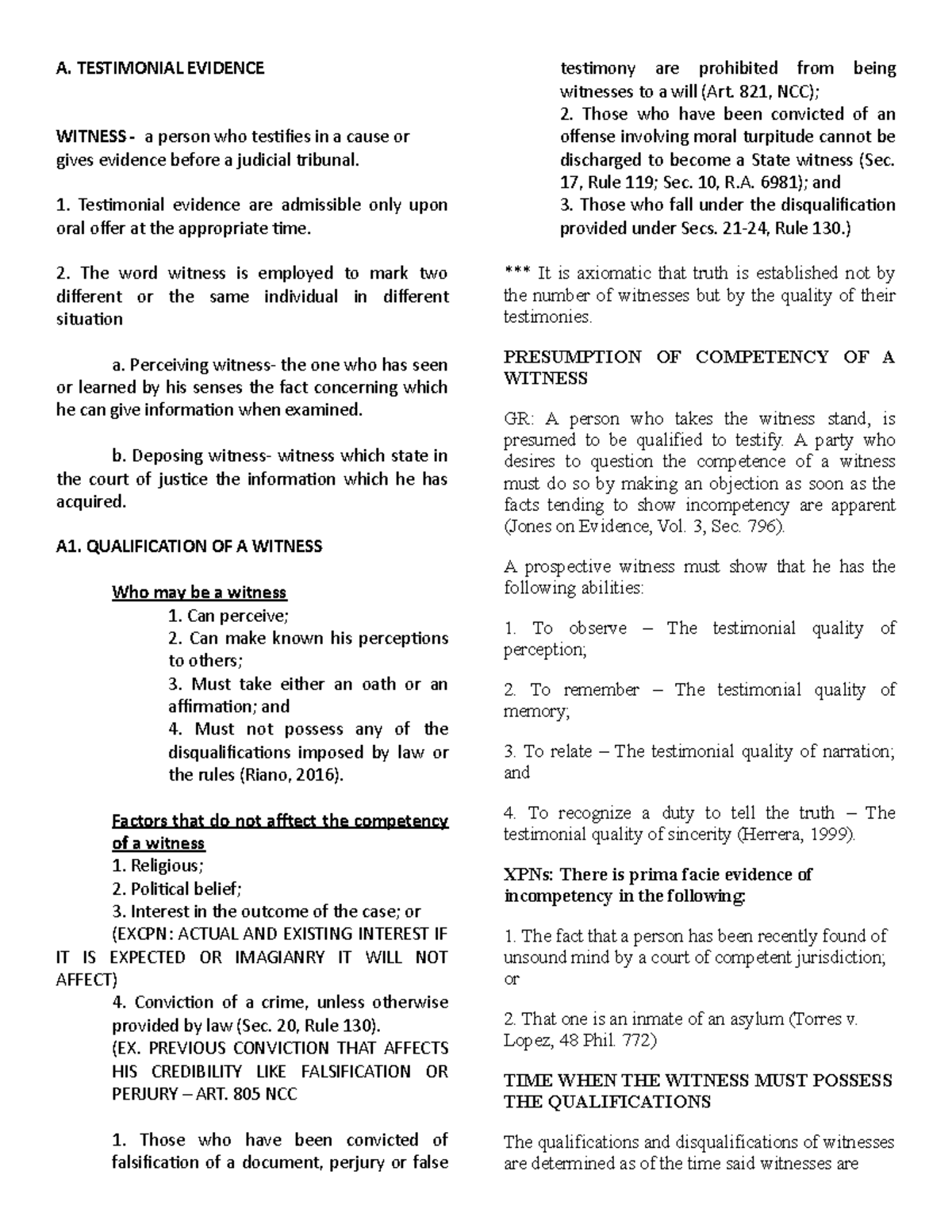 Testimonial Evidence & Witness Qualifications - Lecture Notes - Studocu