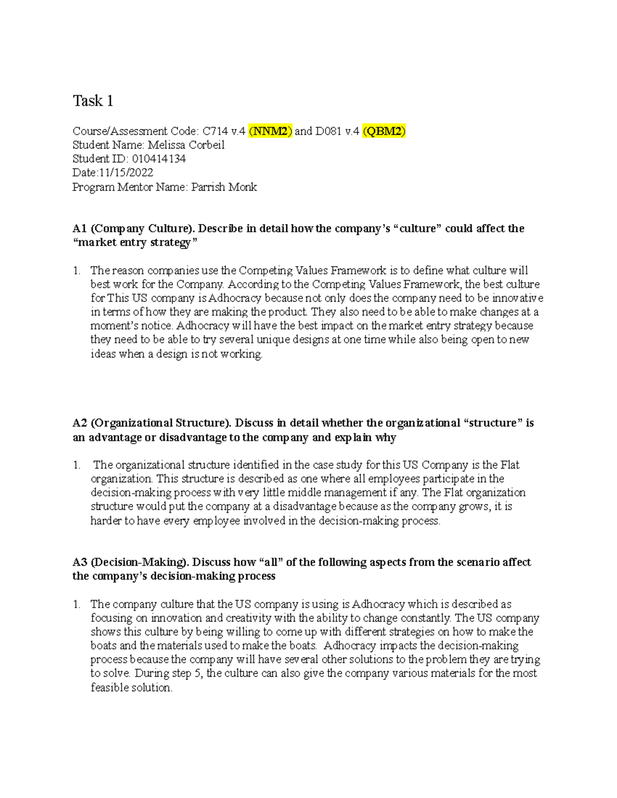QBM2-Task 1: Impact of Company Culture on Market Entry Strategies - Studocu