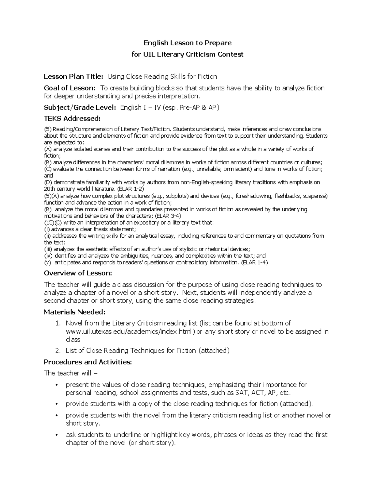 Lit Crit-Sample-Lessons - English Lesson to Prepare for UIL Literary ...