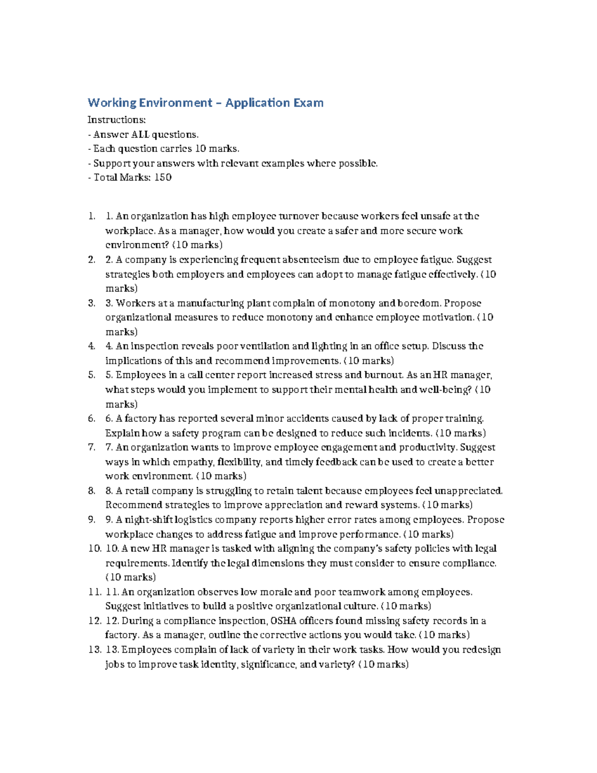 Working Environment Application Exam Instructions (Total Marks: 150 ...
