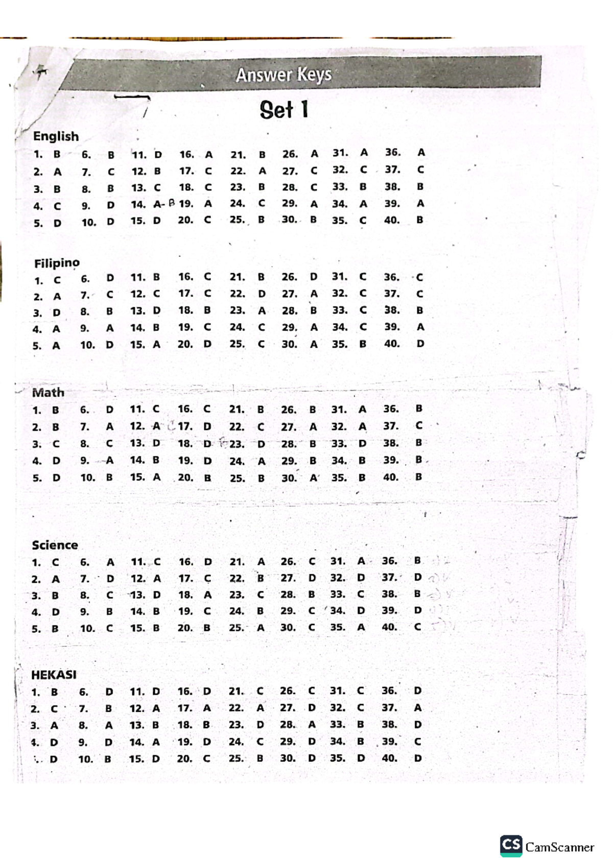 NAT- Answer Key Set 1 & 2 for English, Filipino, Math, Science, HEK ...