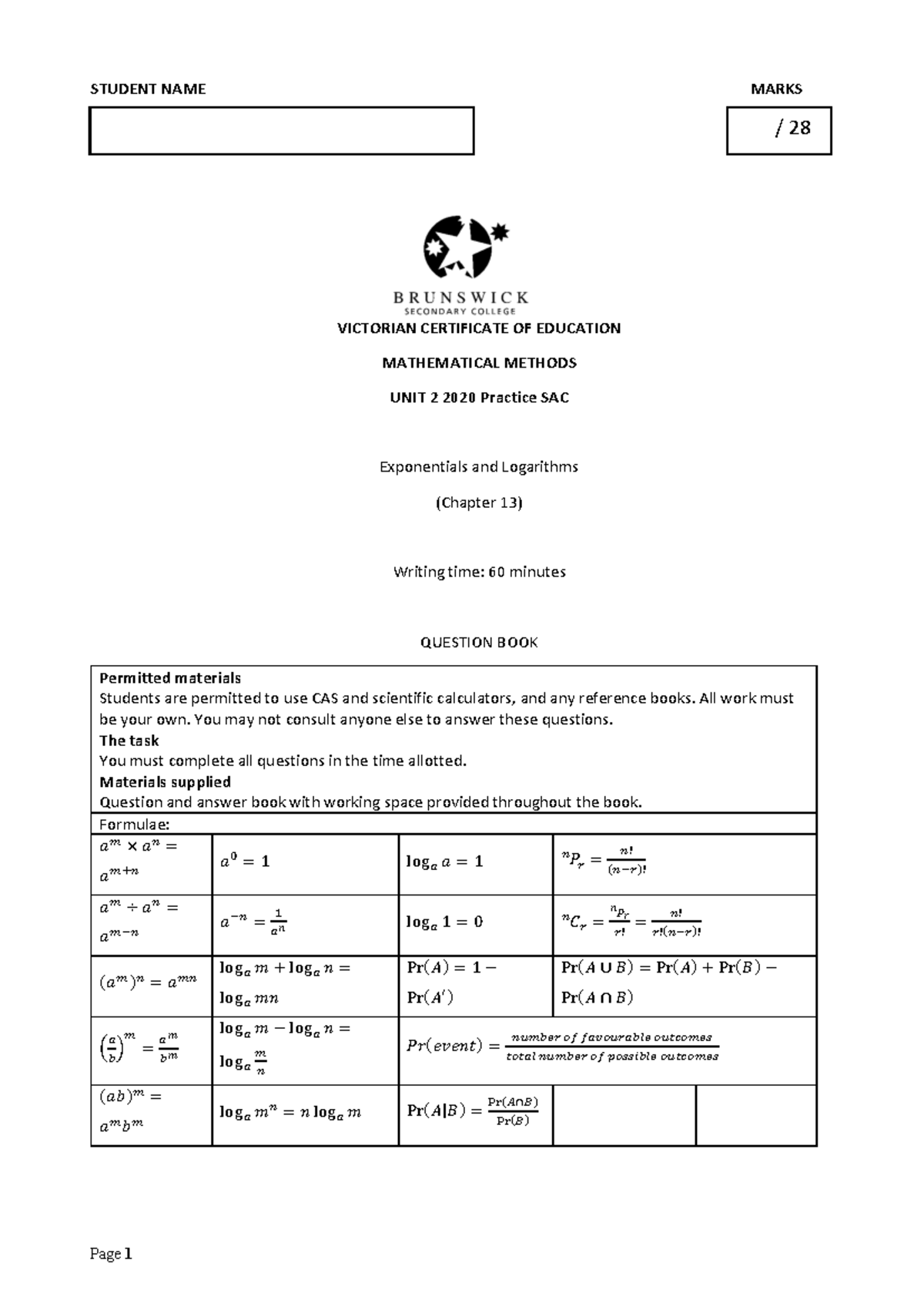 VCE Mathematical Methods Unit 2 2020 Practice SAC: Exponentials ...
