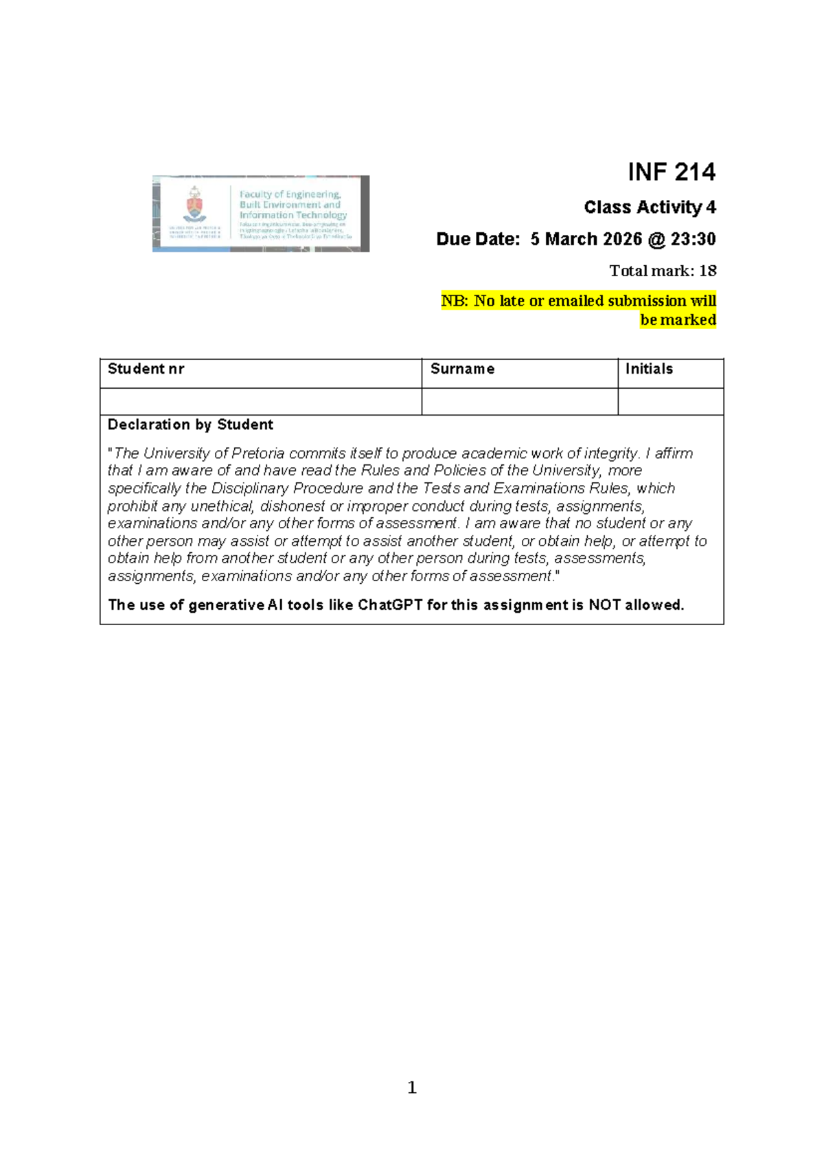 INF 214 Class Activity 4 Instructions and Guidelines - Studocu
