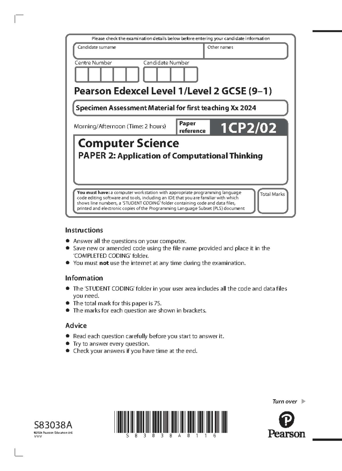 GCSE Computer Science Specimen Paper 2: Exam Details & Code Tasks - Studocu