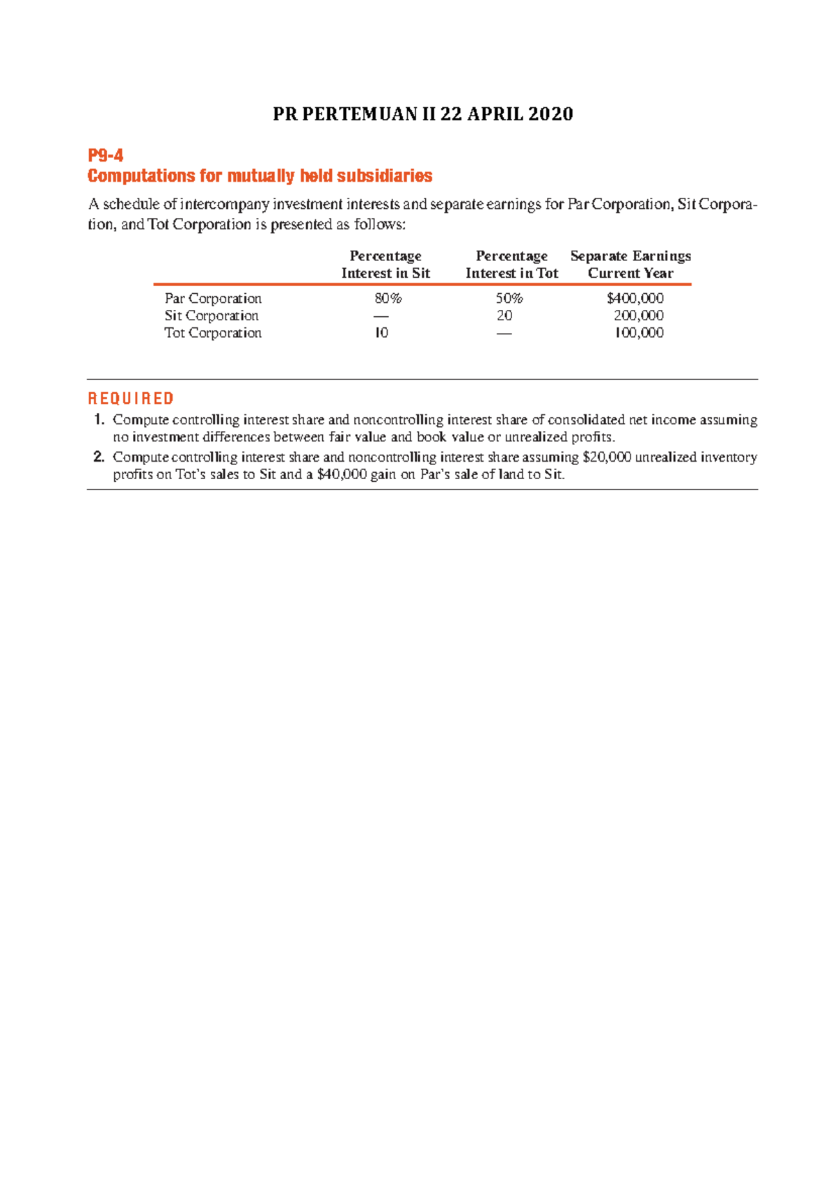 Mutual Holding Assignments: Consolidation Workpaper for Par Corp. - Studocu