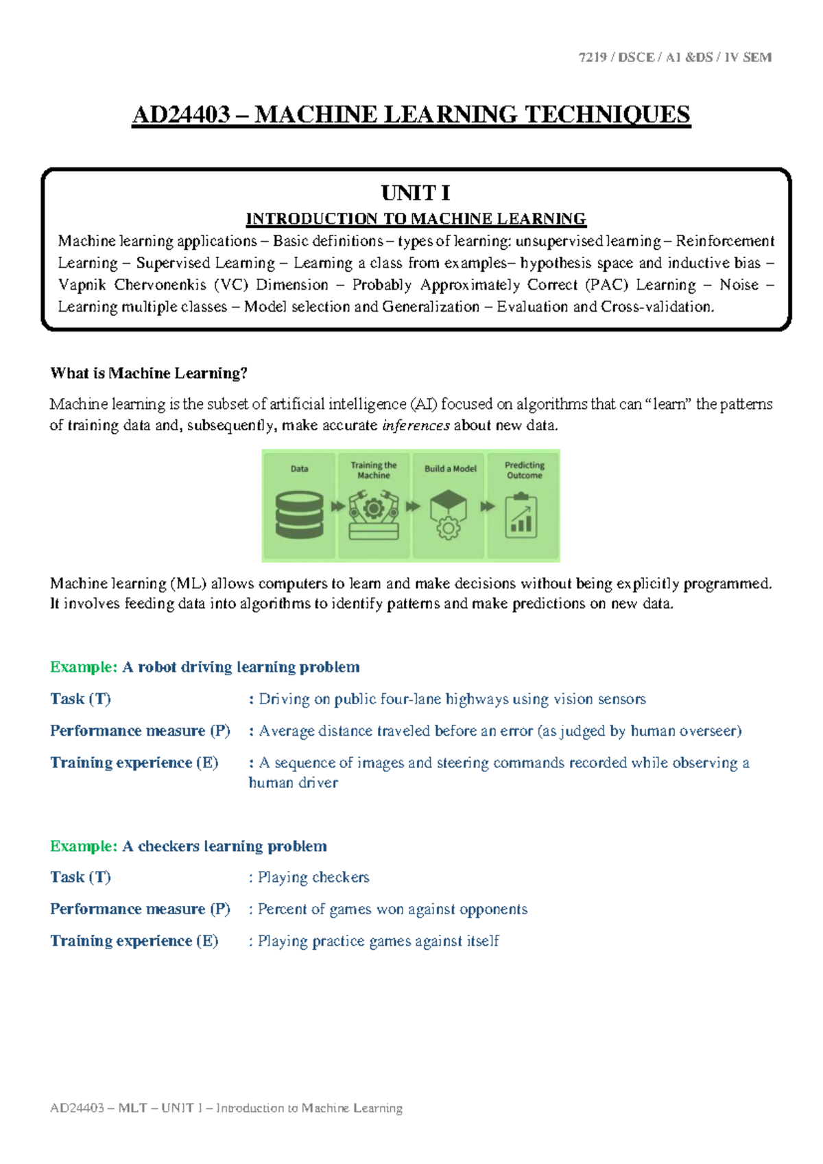 AD24403 MLT UNIT I: Introduction to Machine Learning Techniques - Studocu