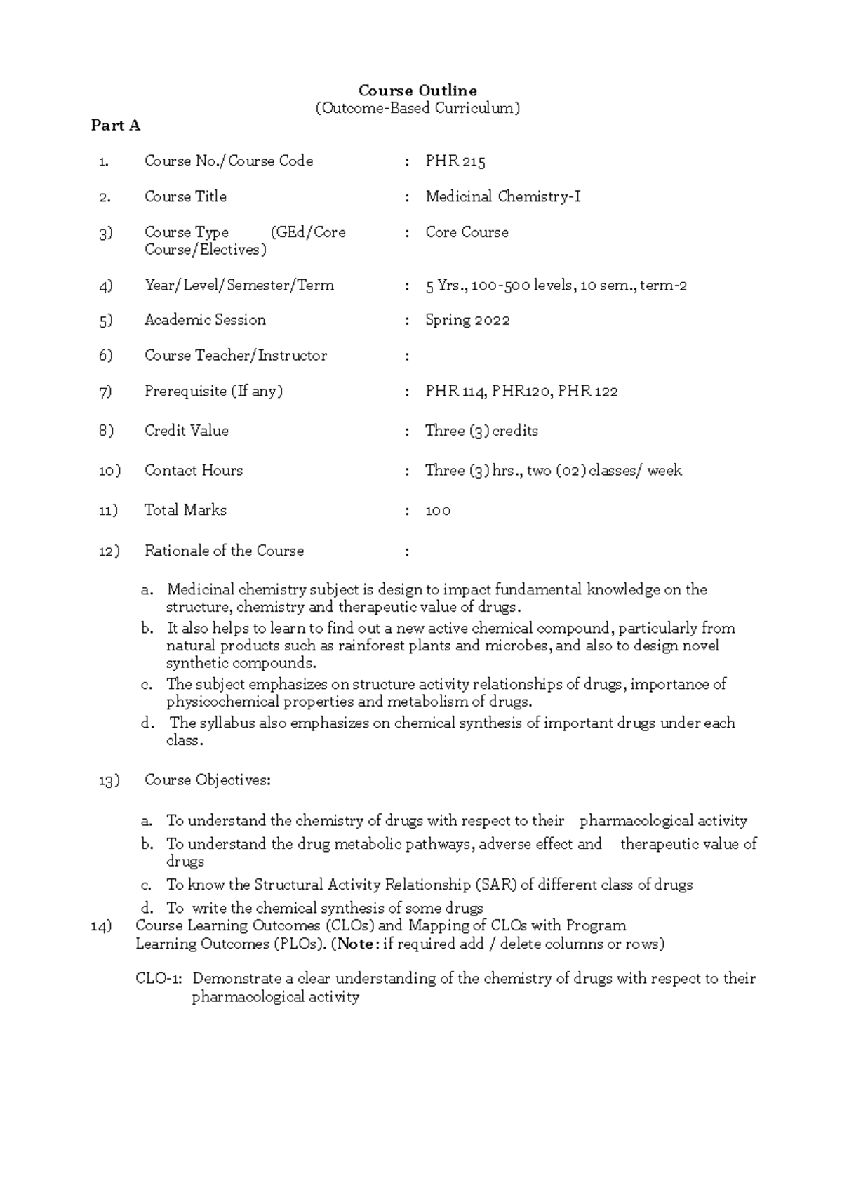 PHR 215 Medicinal Chemistry I Course Outline and Curriculum - Studocu
