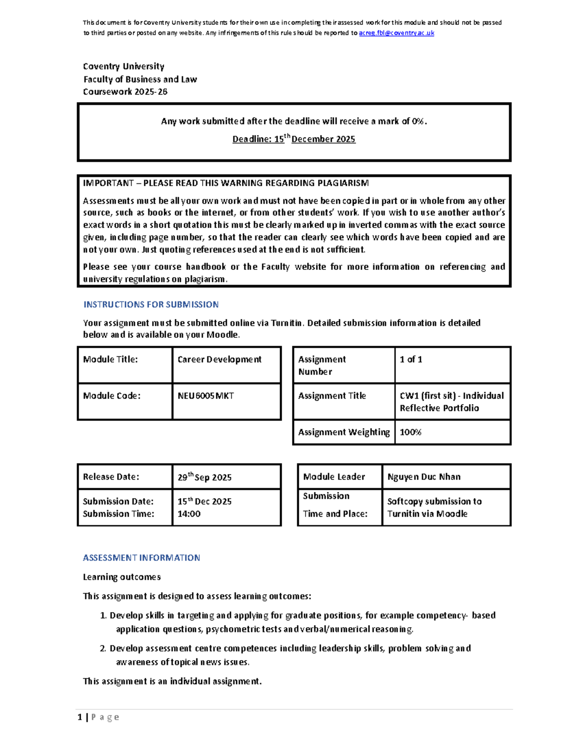 NEU6005MKT Career Development CW1 Reflective Portfolio Guidelines - Studocu