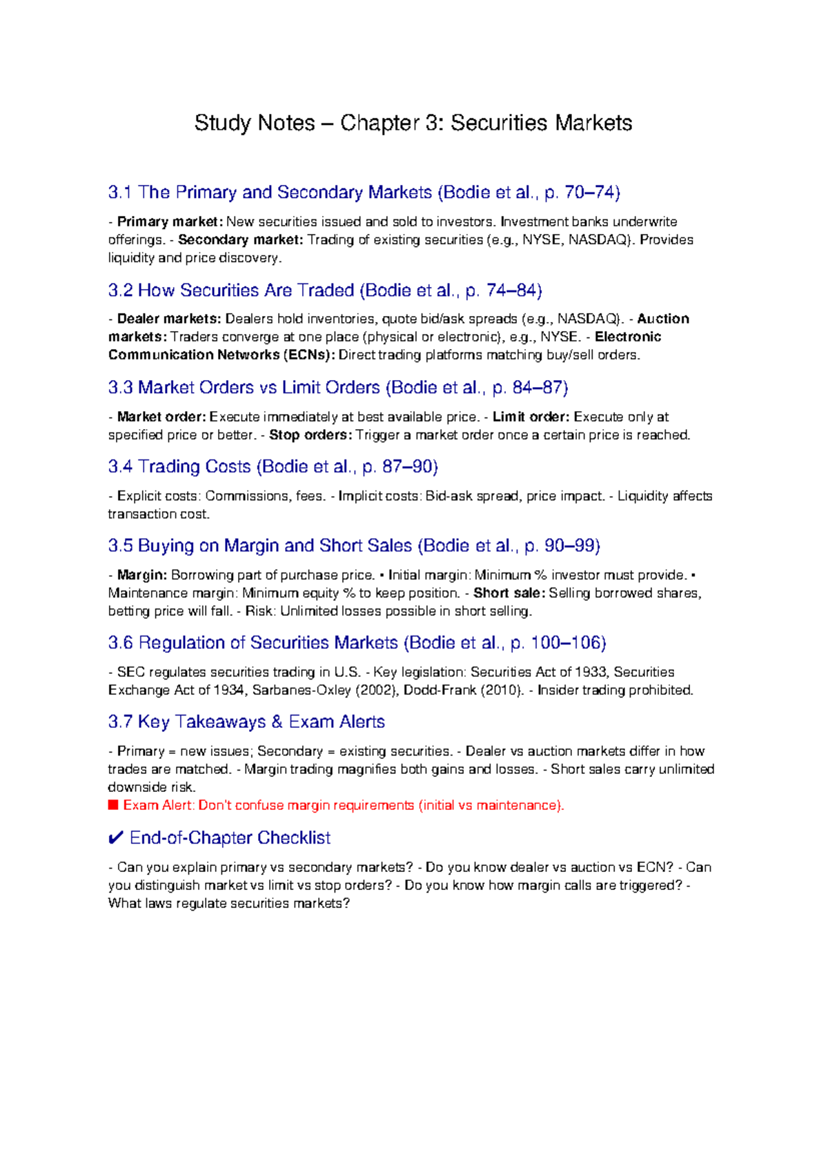 Chapter 03 Study Notes: Securities Markets Overview and Key Concepts ...