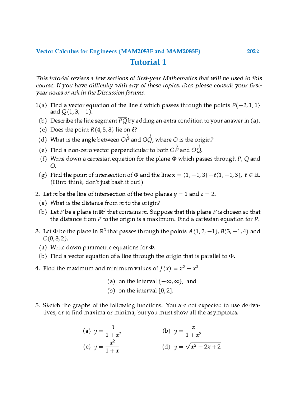 Tut01 2022 MAM2085 - Vector Calculus Tutorial 1 Notes - Studocu