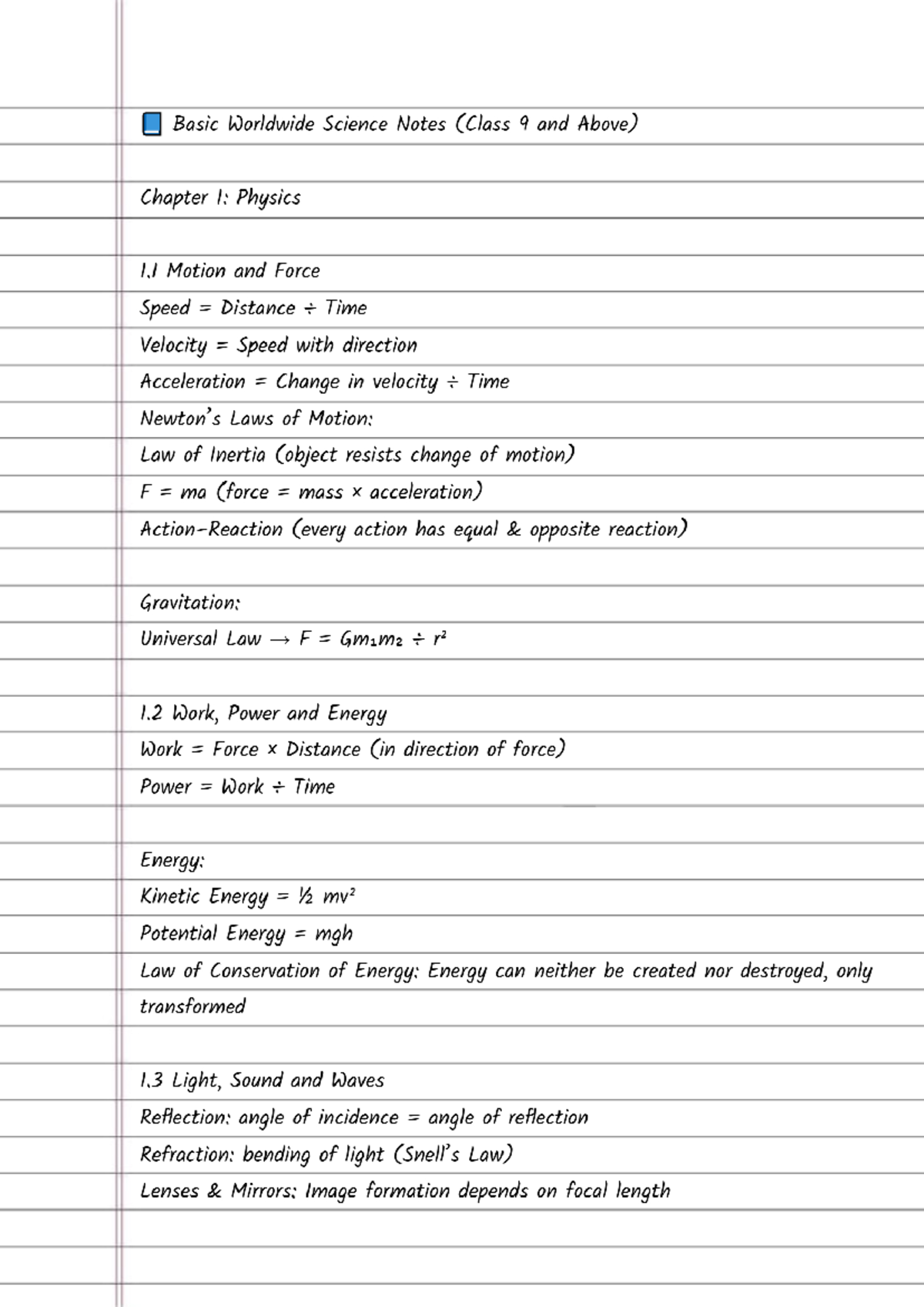 Class 9+ Science Notes: Physics, Chemistry, Biology & Earth Science ...