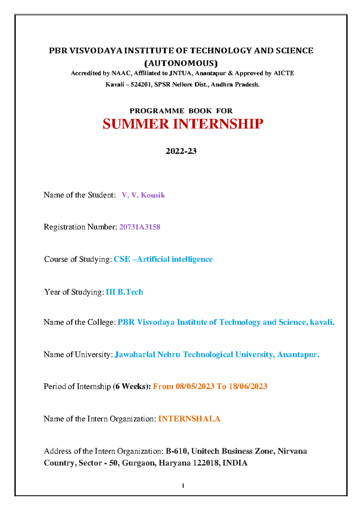 Kousik Report - PBR VISVODAYA INSTITUTE OF TECHNOLOGY AND SCIENCE ...