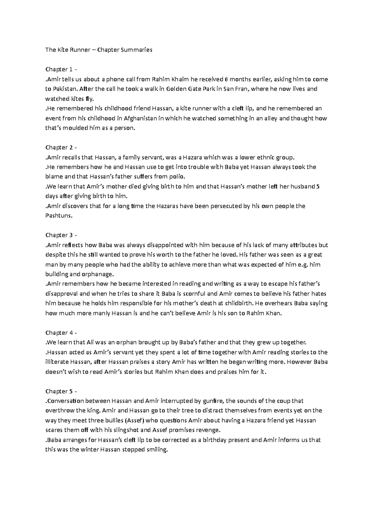TKM Chapter Summaries – The Kite Runner Insights and Analysis - Studocu