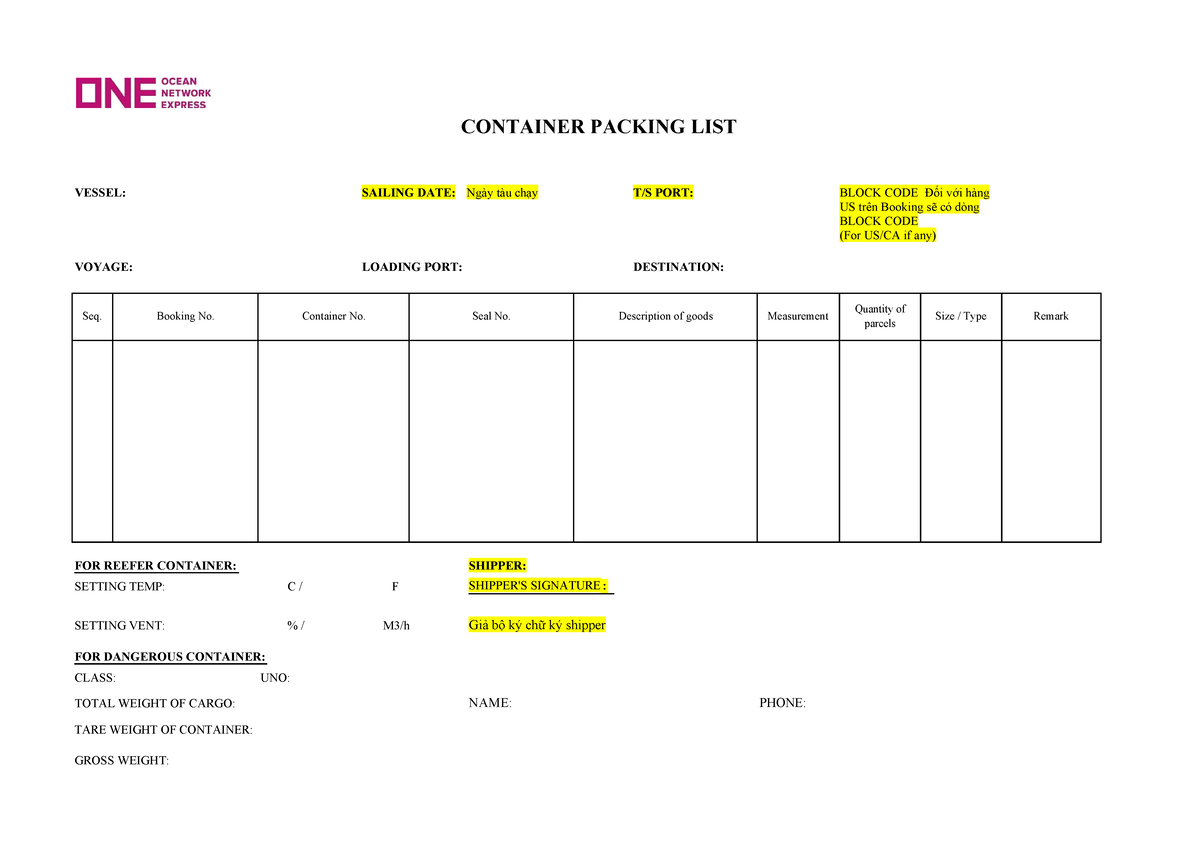 ONE Container Packing LIST FORM - CONTAINER PACKING LIST VESSEL ...